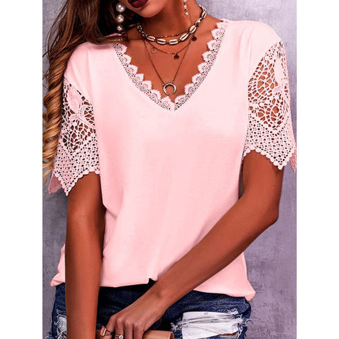 Women Summer Loose V Neck Lace tops